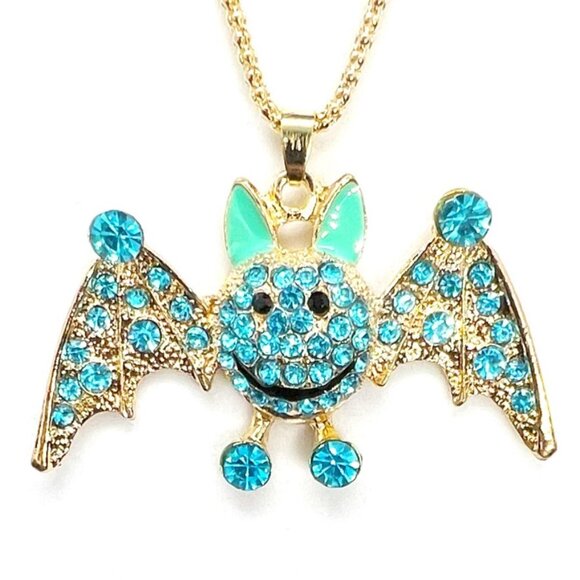 Blue BAT with Open Wings Halloween Pendant Necklace - Picture 1 of 1